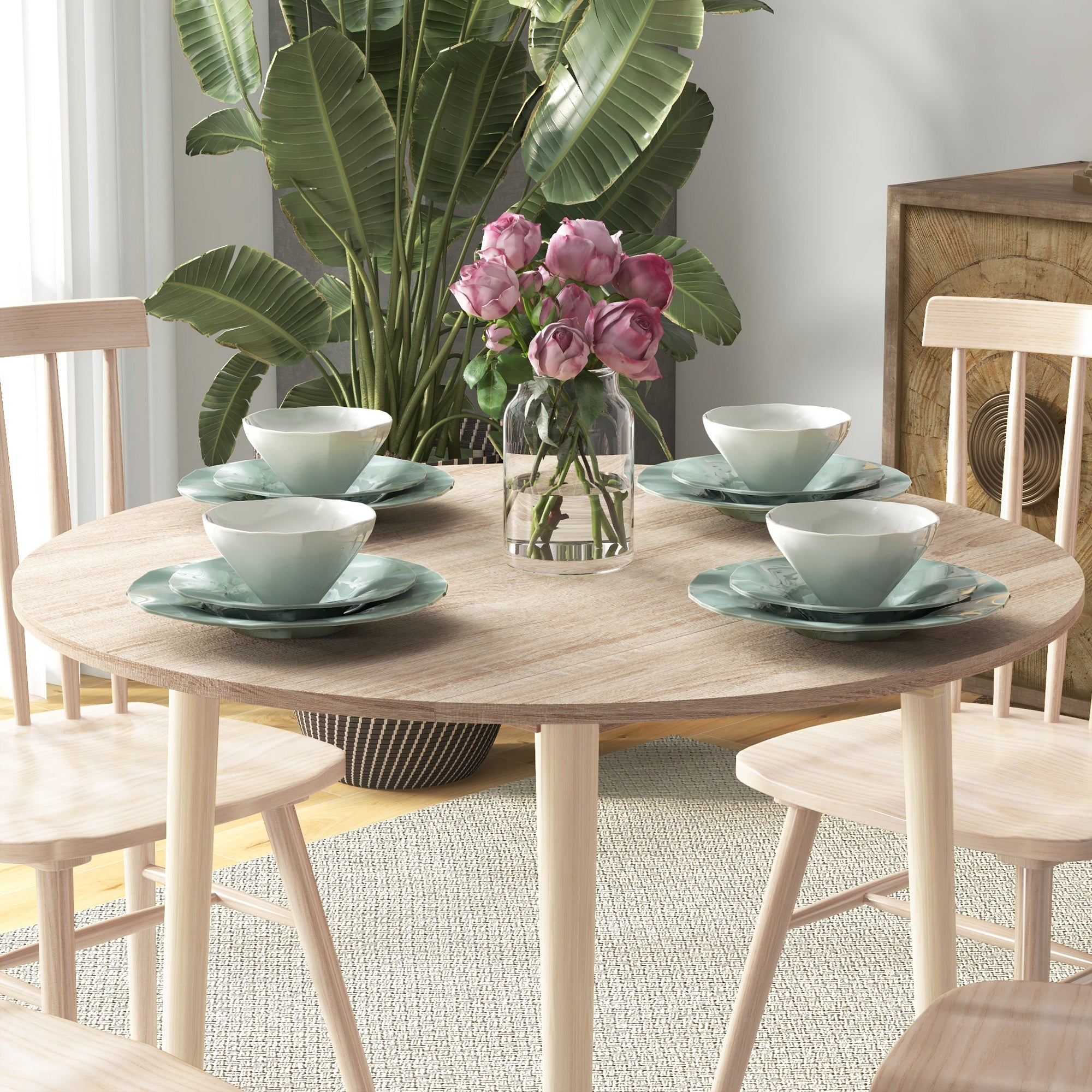 Folding Dining Table, Round Drop Leaf Kitchen Table for Small Spaces with Wood Legs, Oak Color