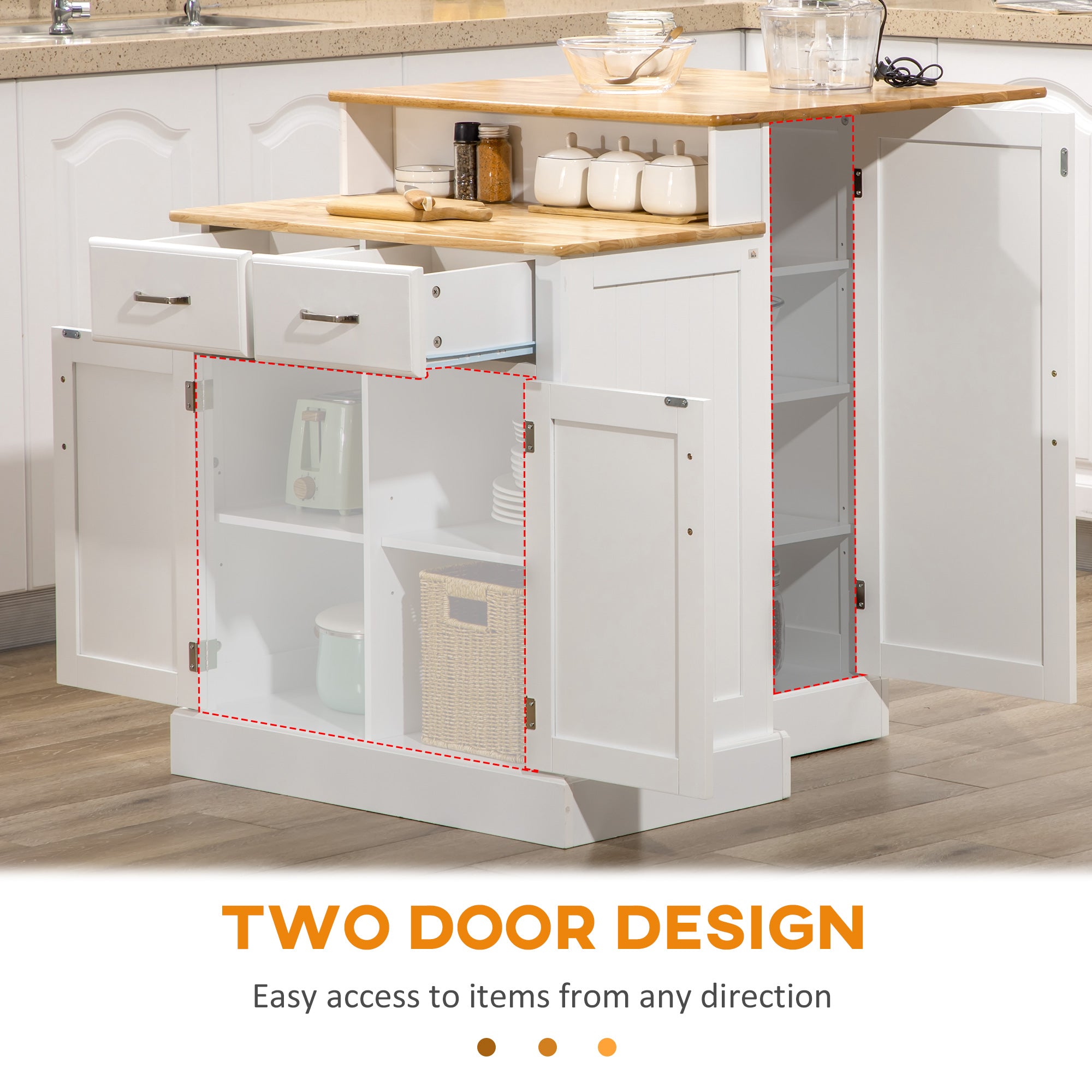 Kitchen Island with 2-Level Rubber Wood Tabletop, Island Table with Adjustable Shelves and Drawers, White
