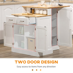Kitchen Island with 2-Level Rubber Wood Tabletop, Island Table with Adjustable Shelves and Drawers, White