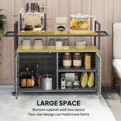 2-Tier Shelf PE Rattan Outdoor Bar Table, Glass Top Outdoor Serving Cart With Cabinet, Mixed Gray