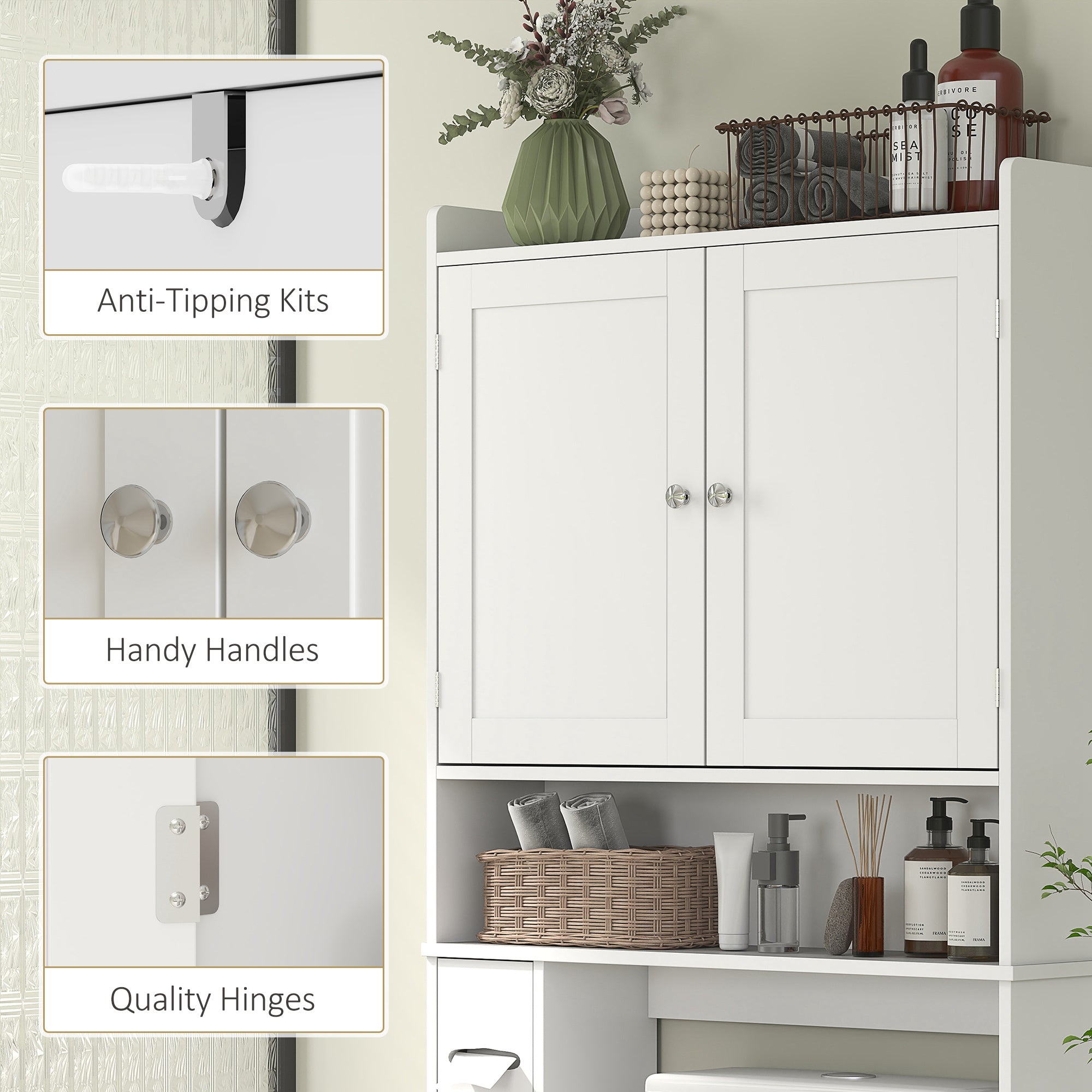 Modern Over the Toilet Storage Cabinet with 2 Doors, Above Commode Storage Cabinet with Toilet Paper Holder, White