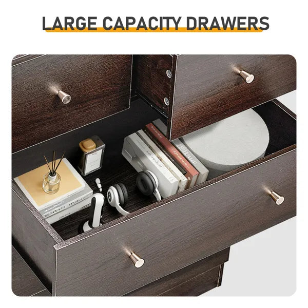 Brown Particleboard With A Textured Melamine Finish, 66*40*131cm, 5+2 Drawer Cabinet, Matte Gold Handles