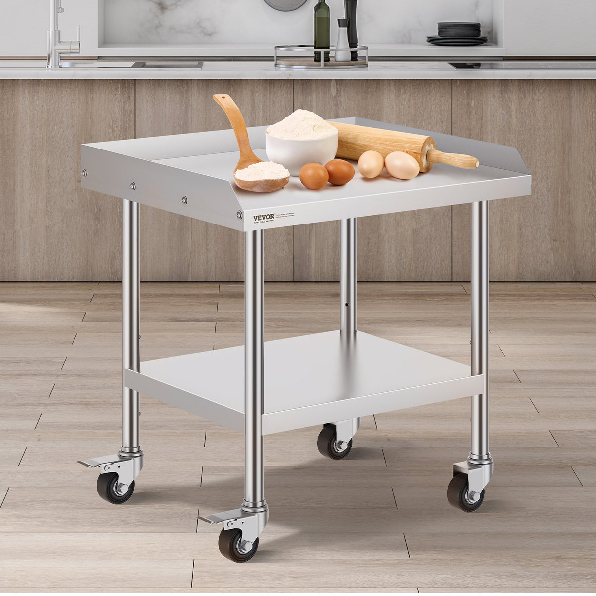 Stainless Steel Work Table, 24 X 28 X 30 Inch Commercial Food Prep Worktable With 4 Wheels, Casters, 3-Sided Backsplash Heavy Duty Prep Worktable, Metal Work Table For Restaurant Home Hotel