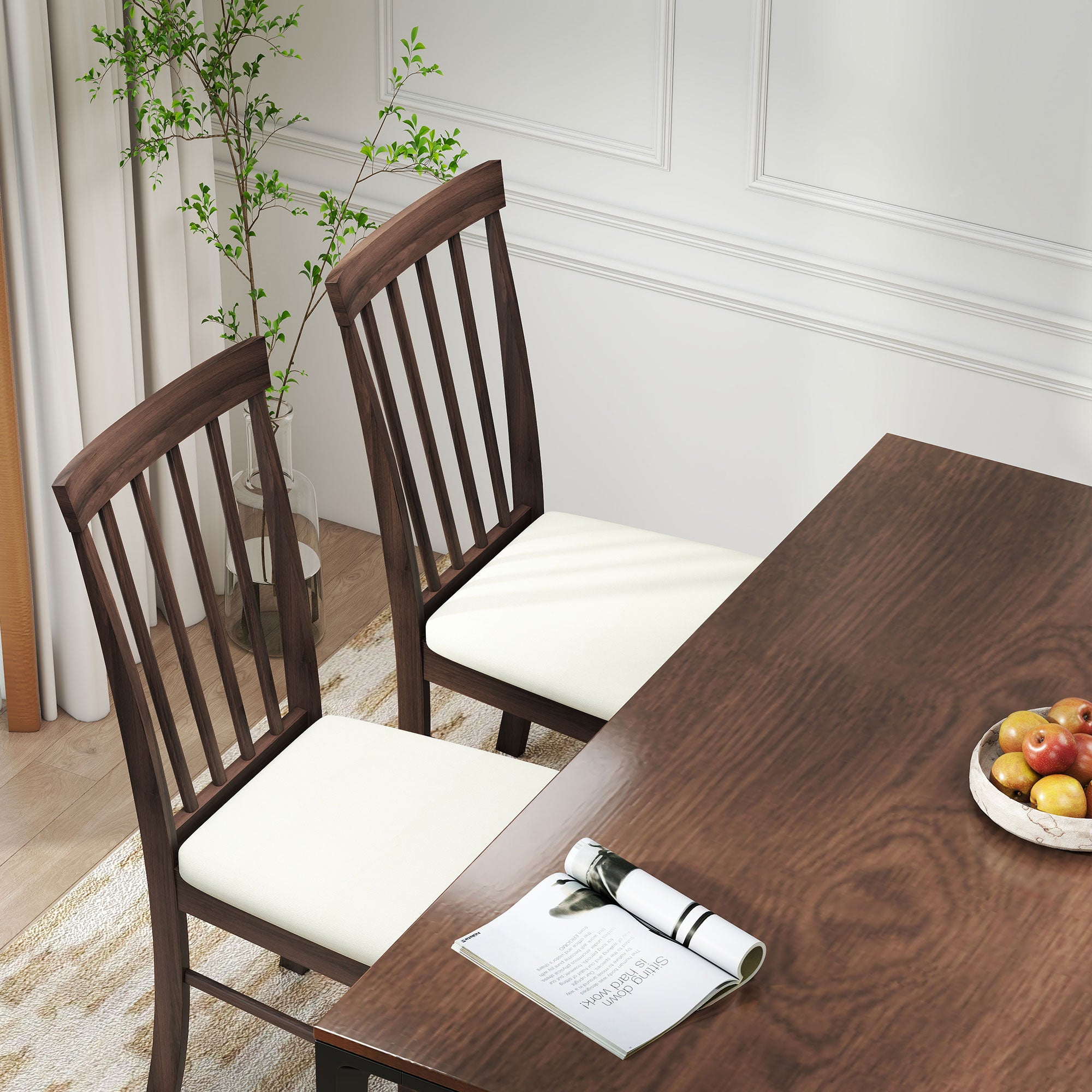 Wooden Dining Chairs Set of 2, Farmhouse Upholstered Kitchen Chairs with Rubber Wood Frame, Dark Brown and Beige