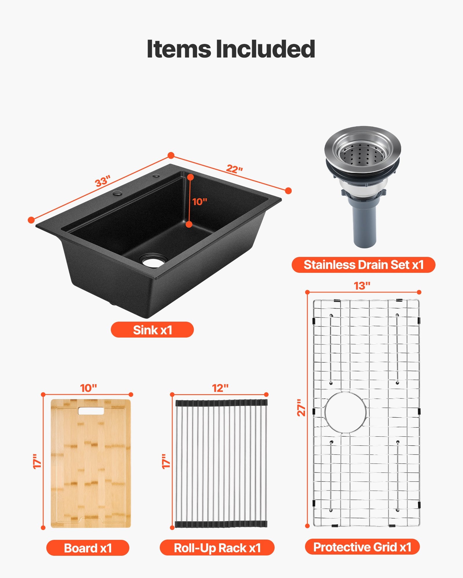 33 Inch Granite Kitchen Sink Top Mount Single Bowl Drop-In Basin For RV Bar