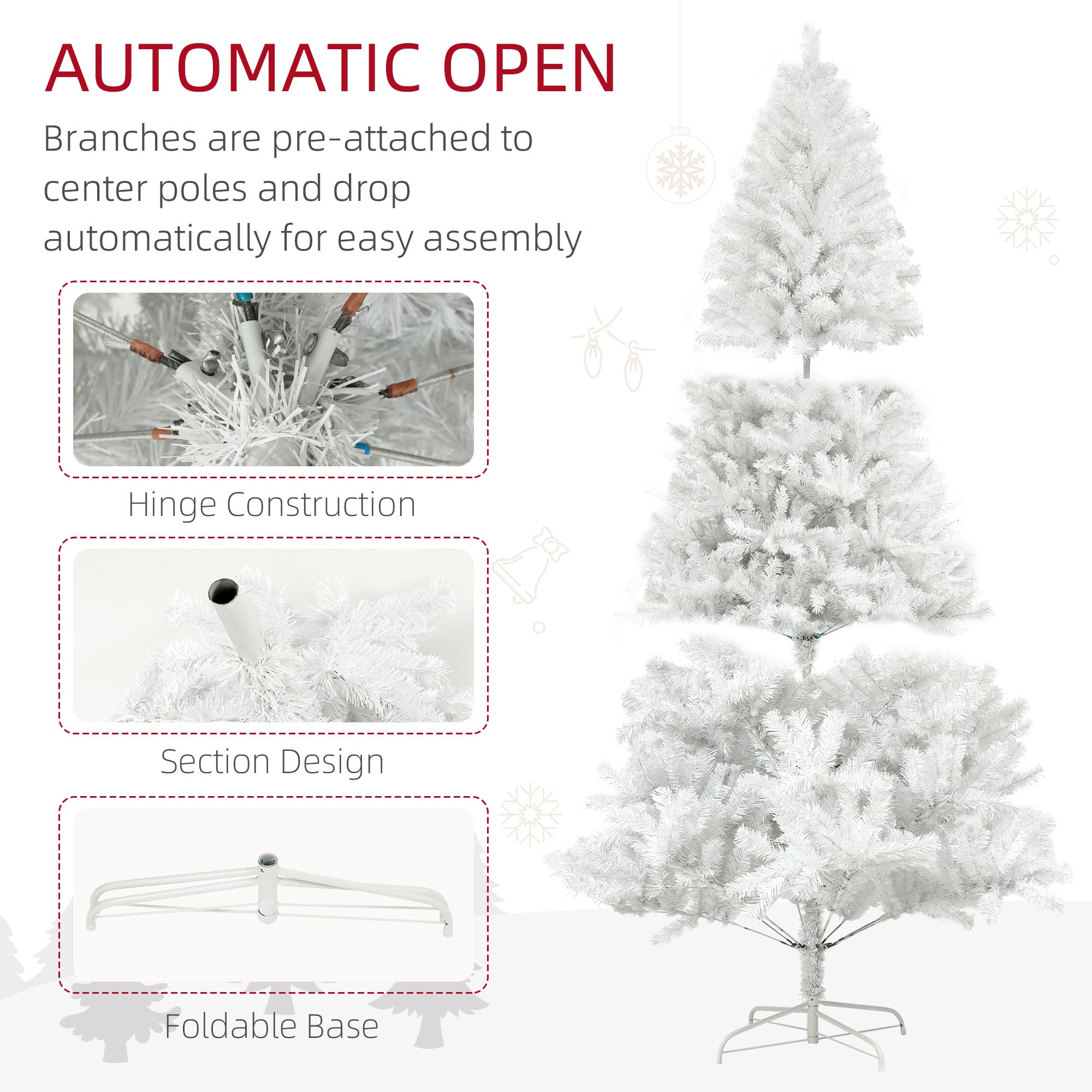 6ft Unlit Artificial White Christmas Tree, Holiday Décor with 1000 Branch Tips, Auto Open and Steel Base