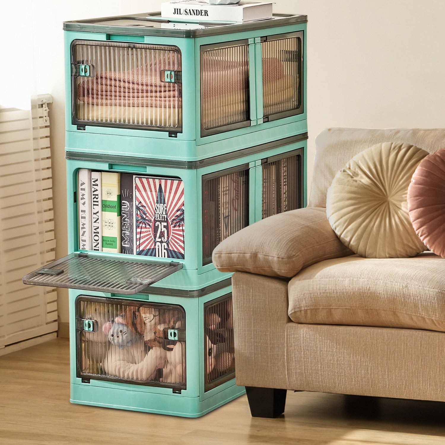 3Pcs Foldable Storage Bins With Lid 4 Doors Collapsible Stackable Closet Organizer Containers With Lock 4Pcs Wheels