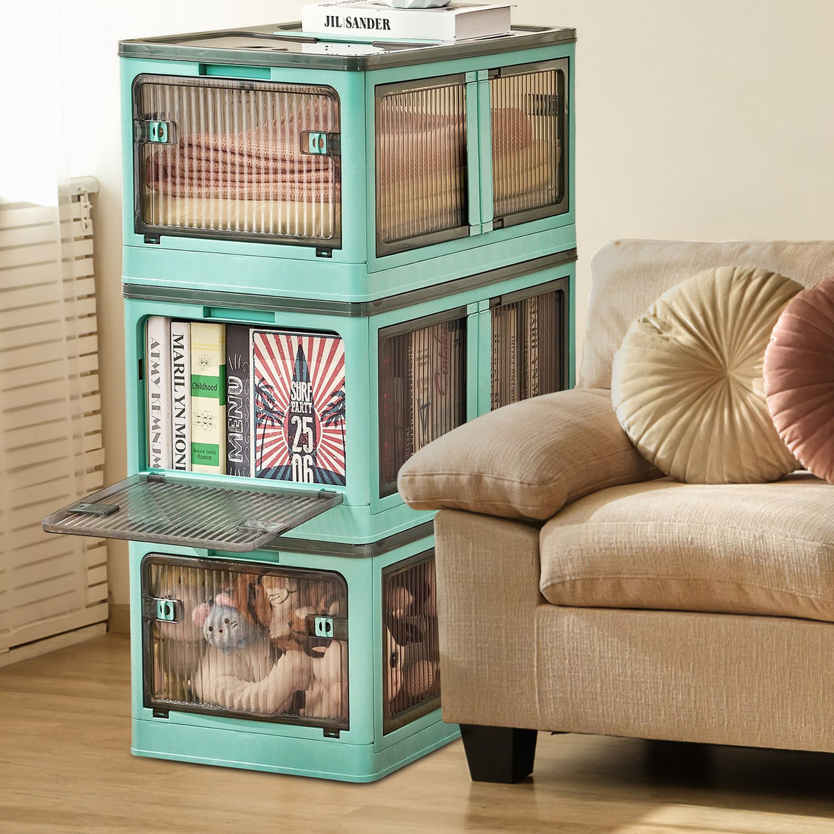 3Pcs Foldable Storage Bins With Lid 4 Doors Collapsible Stackable Closet Organizer Containers With Lock 4Pcs Wheels