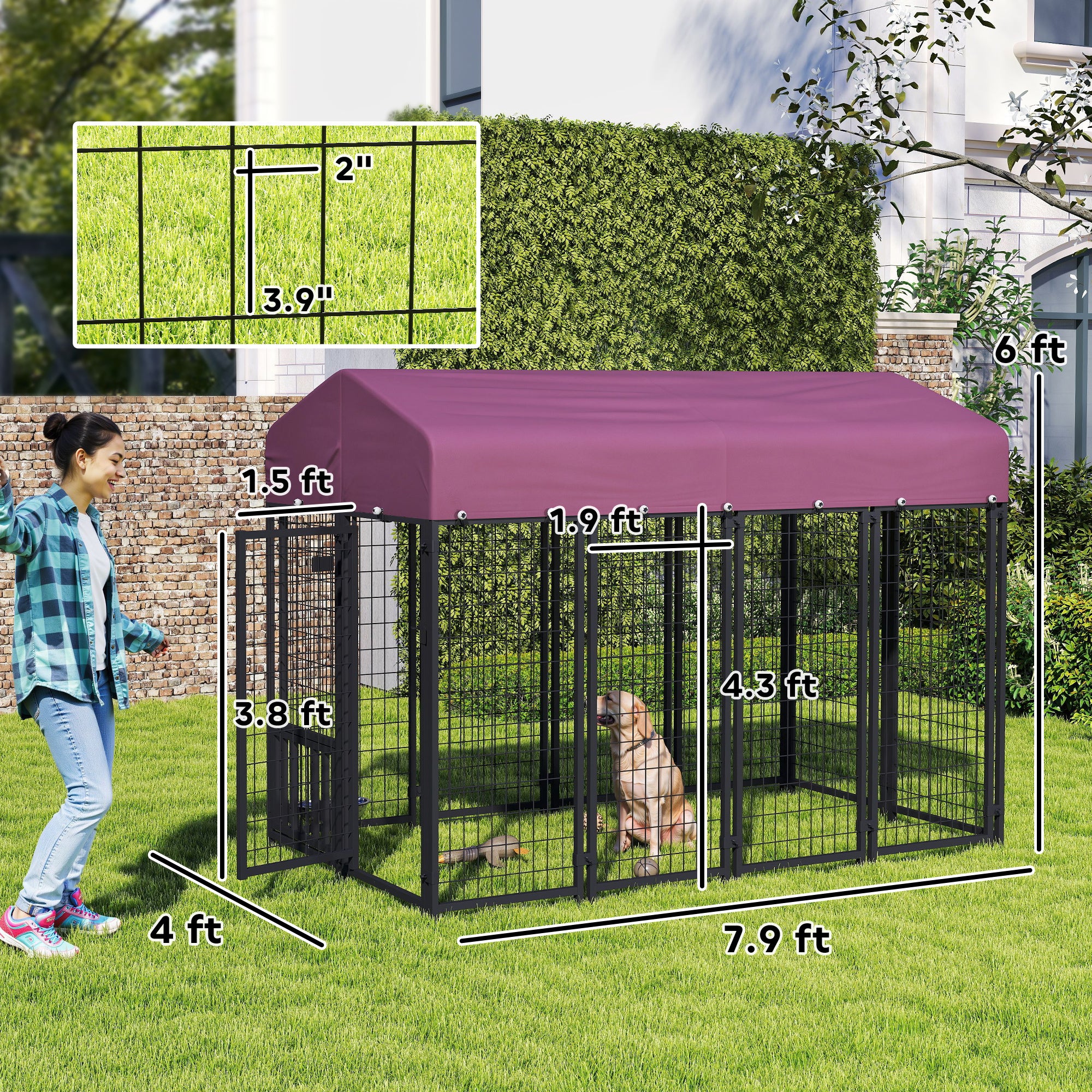 Welded Wire Outdoor Dog Kennel with 360° Rotating & 4 Levels Adjustable Bowls, Waterproof Cover, 7.9' x 4' x 6'