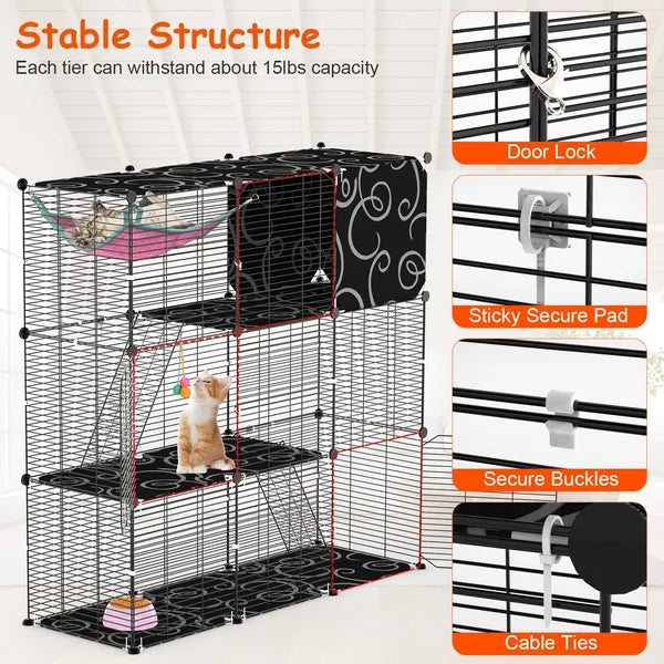 3-Tier Cat Cage Enclosure Indoor Cat Cage Playpen With Hammock Toy Ball Ladder DIY Iron Wire Cat House Kennels Crate For 1-2 Cats Ferret Rabbit Small Animals