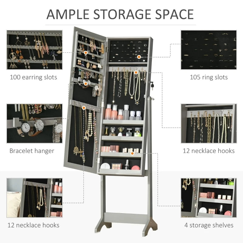 Full-Length Mirror Jewelry Storage Armoire W Lockable Door & Key, Gray