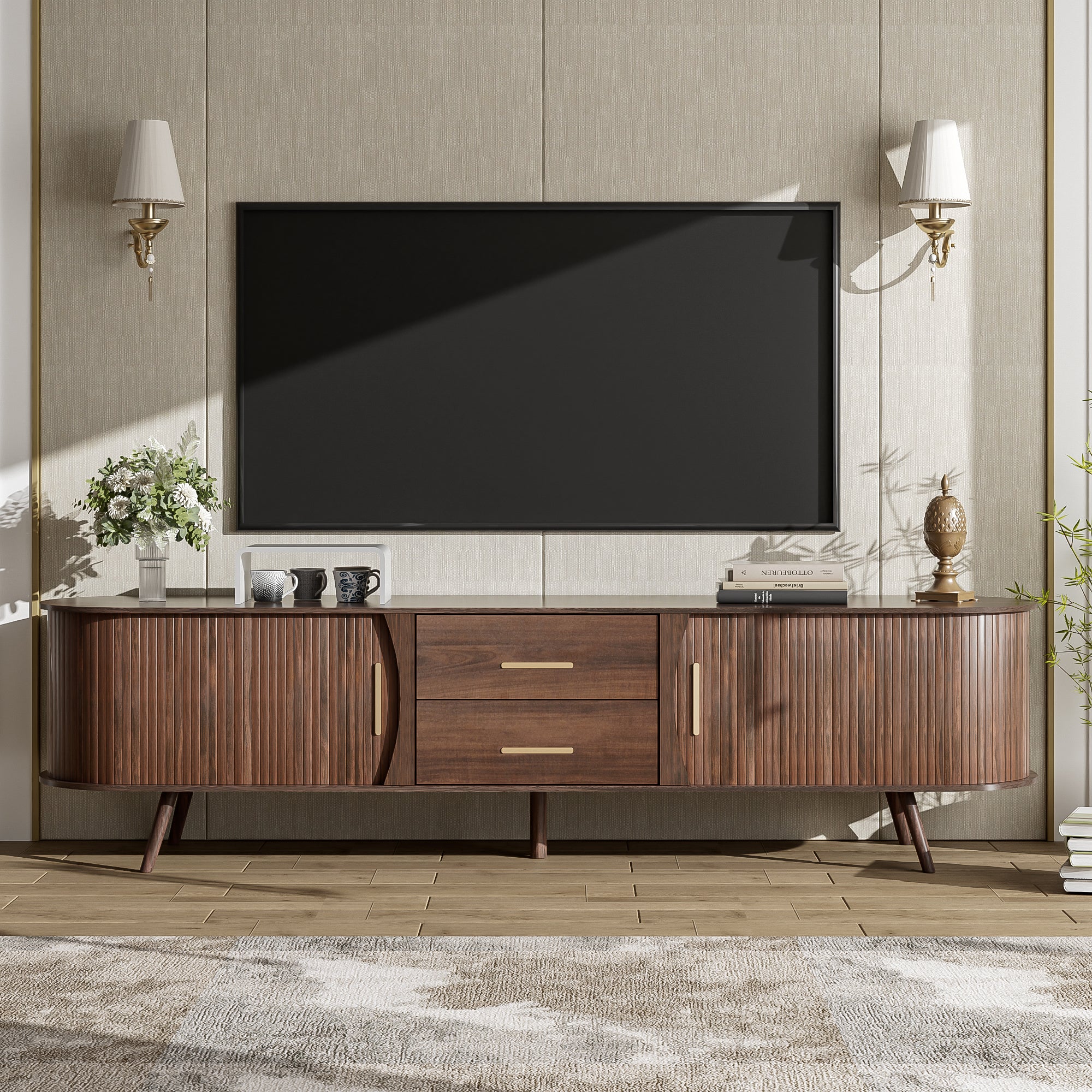 Mid-Century Modern TV Stand For 80  TV, Entertainment Center With Storage For Living Room, Bedroom, Media Console Table With 2 Drawers