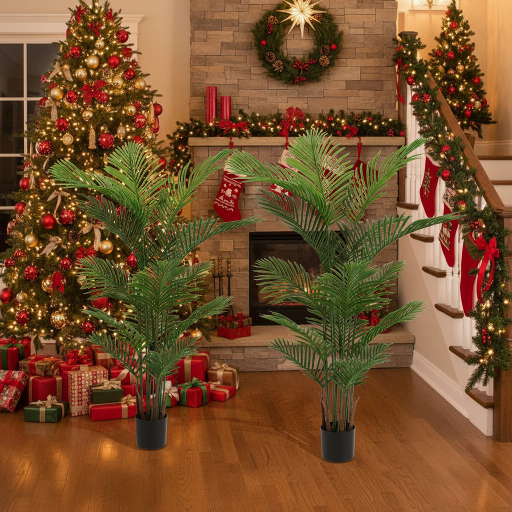 2PCS Set 5.2ft Artificial Palm Trees Natural Christmas Faux Tropical Potted Plants Perfect For Indoor Outdoor Home Office Garden Decor