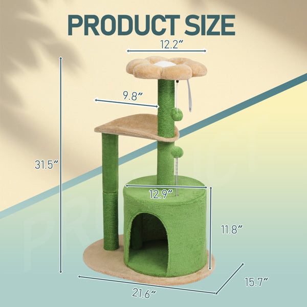 33in Cat Tree, Multi-level Cat Tower With Cat Scratching Post With Curved Perch, Cozy Cat Condo, Padded Top Bed For Kittens And Indoor Cats, Beige & Green