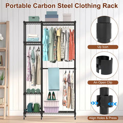 4 Tier Heavy Duty Garment Rack With Wheels Carbon Steel Clothing Rack Portable Wardrobe Clothes Rack With 3 Hanging Rods 6 Footrests 44.9x17.13x77.95in
