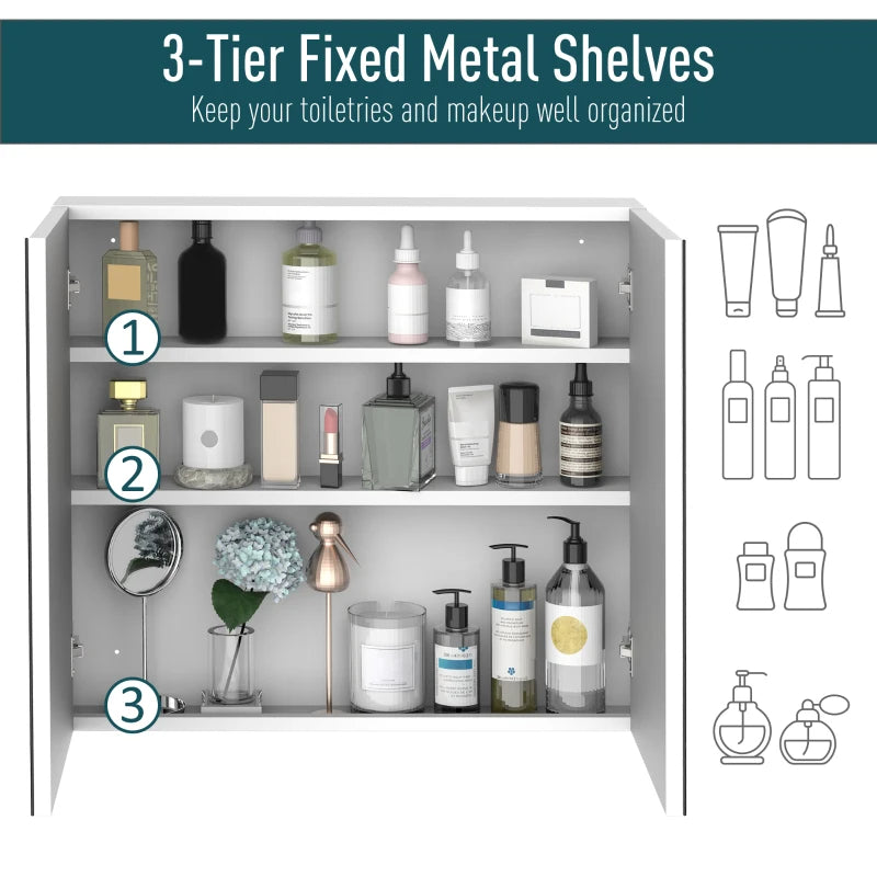 Kleankin Bathroom Mirrored Cabinet, Steel Frame Medicine Cabinet, Wall-Mounted Storage Organizer With Double Doors, White