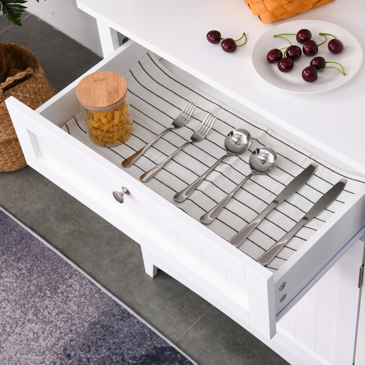 Kitchen Buffet Hutch Cabinet, Freestanding Kitchen Pantry Storage Cabinet Cupboard with Framed Glass Door, Drawer and Microwave Space, White