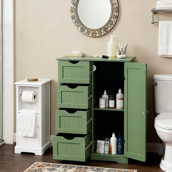 Forest Green, MDF With Paint And Melamine Veneer, Vertical Stripes, 56*30*82.5cm, 4 Drawers, 1 Door, Bathroom Vanity