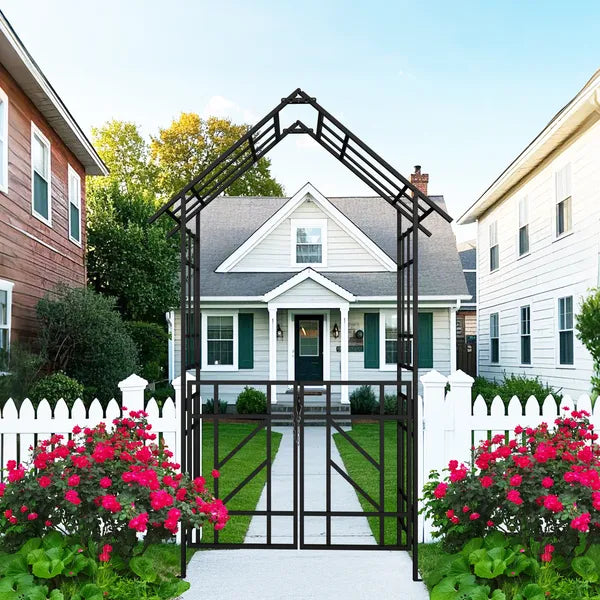 Metal Garden Arch With Gate W58.07*H97.24 Climbing Plants Support Rose Arch Outdoor Black