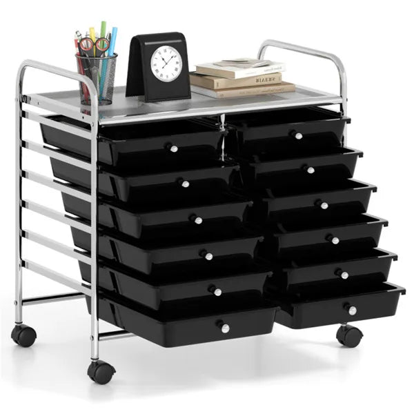 12-Drawer Rolling Storage Cart - 2-Row 10-Storey, Multicolor Drawers, 4 Wheels (2 Brake), -Black