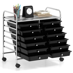 12-Drawer Rolling Storage Cart - 2-Row 10-Storey, Multicolor Drawers, 4 Wheels (2 Brake), -Black