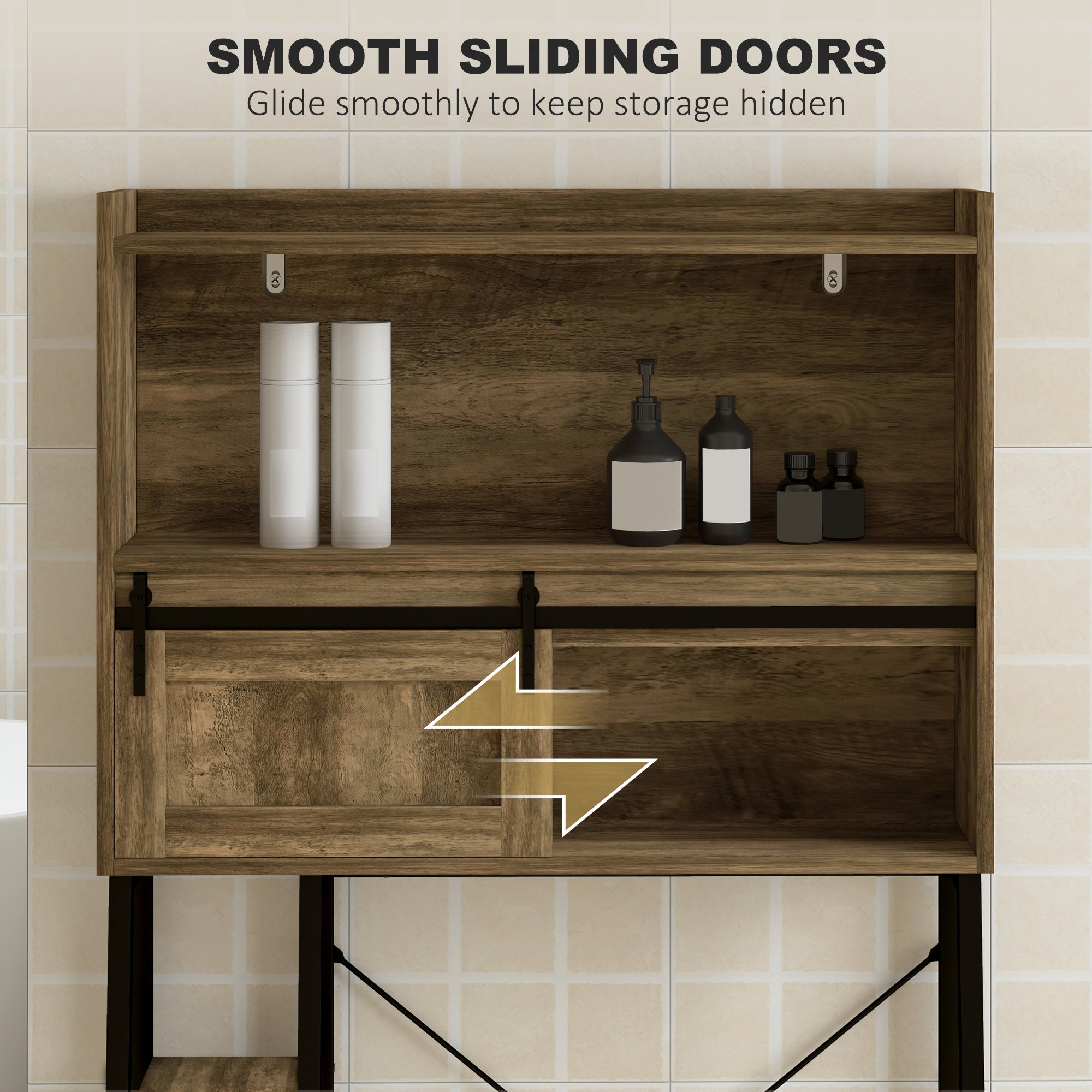 Over the Toilet Storage Cabinet, Over Toilet Bathroom Organizer with 3 Compartments, 4 Open Shelves, Distressed Brown