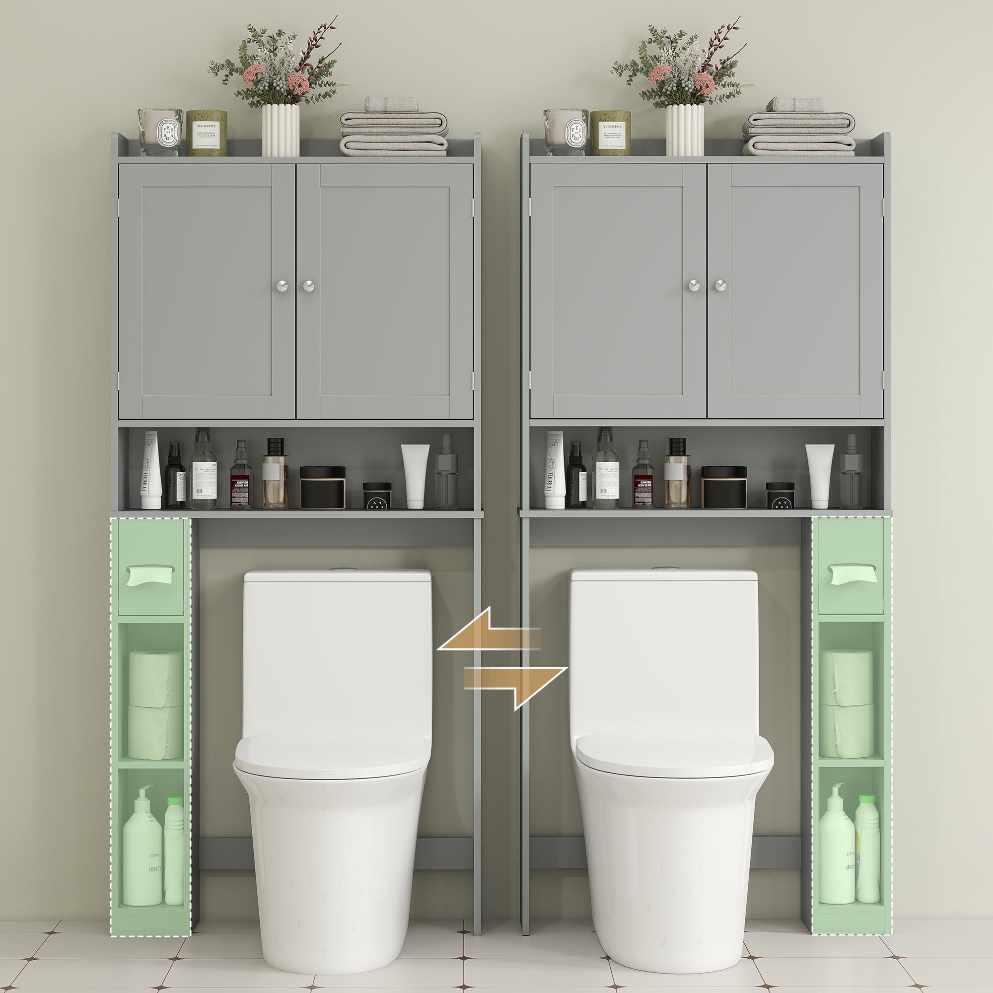 Modern Over the Toilet Storage Cabinet with 2 Doors, Above Commode Storage Cabinet with Toilet Paper Holder, Gray