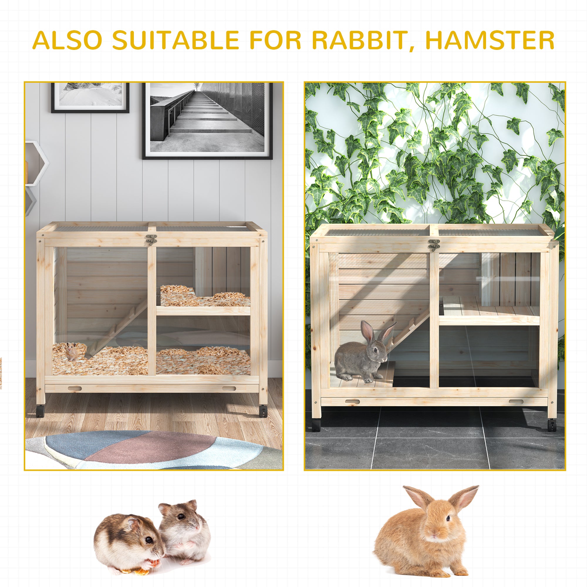 Rabbit Hutch with Wheels, Desk and Side Table Sized, Wooden Rabbit Cage, Waterproof Small Bunny Cage with Removable Tray, Openable Roof, for Rabbits, Chickens, Ducks, Indoor/Outdoor, Natural
