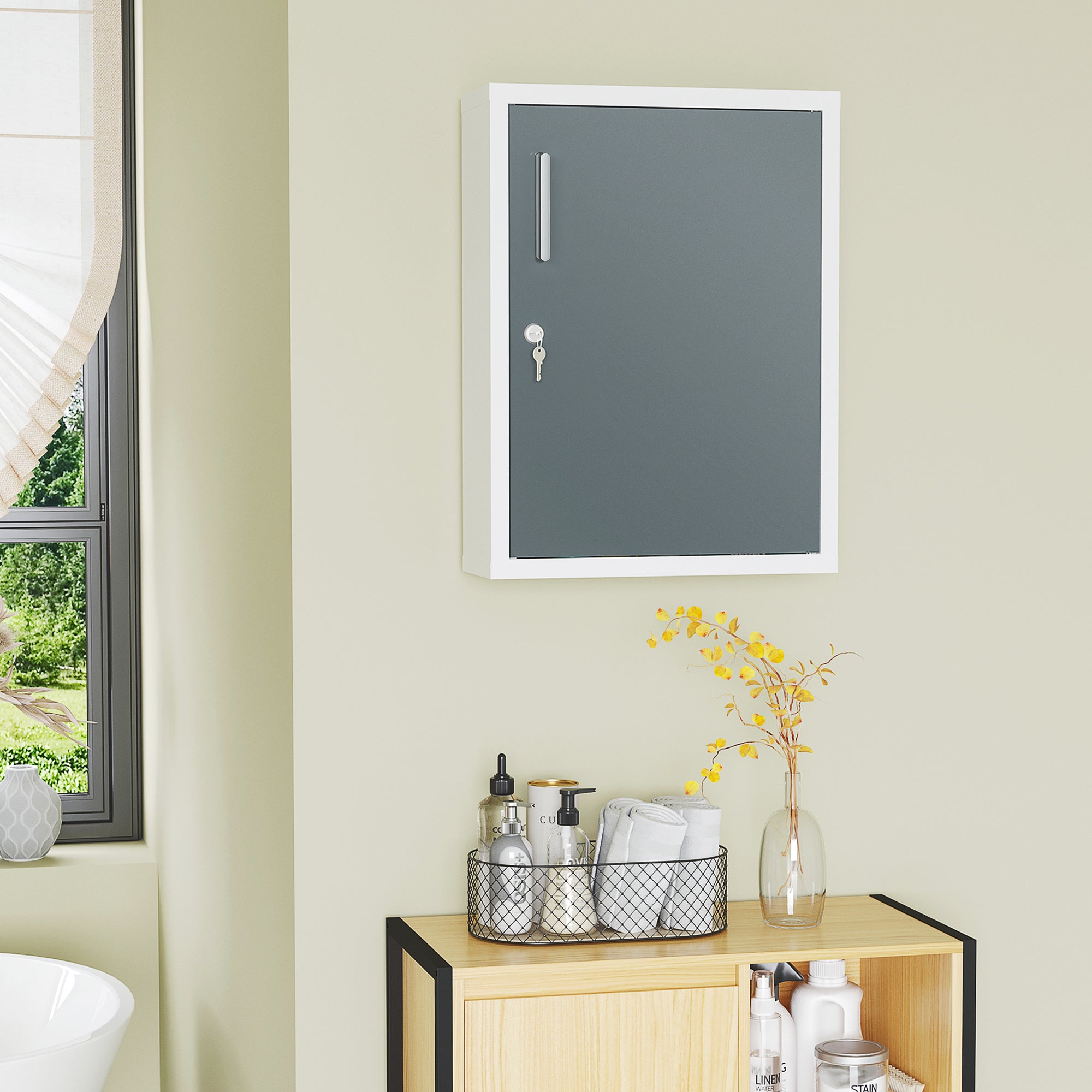 Bathroom Medicine Cabinet with Shelves Inside & On Door, Locking Medical Cabinet for Child & Pet Safety, First Aid Bathroom Wall Cabinet, White and Gray