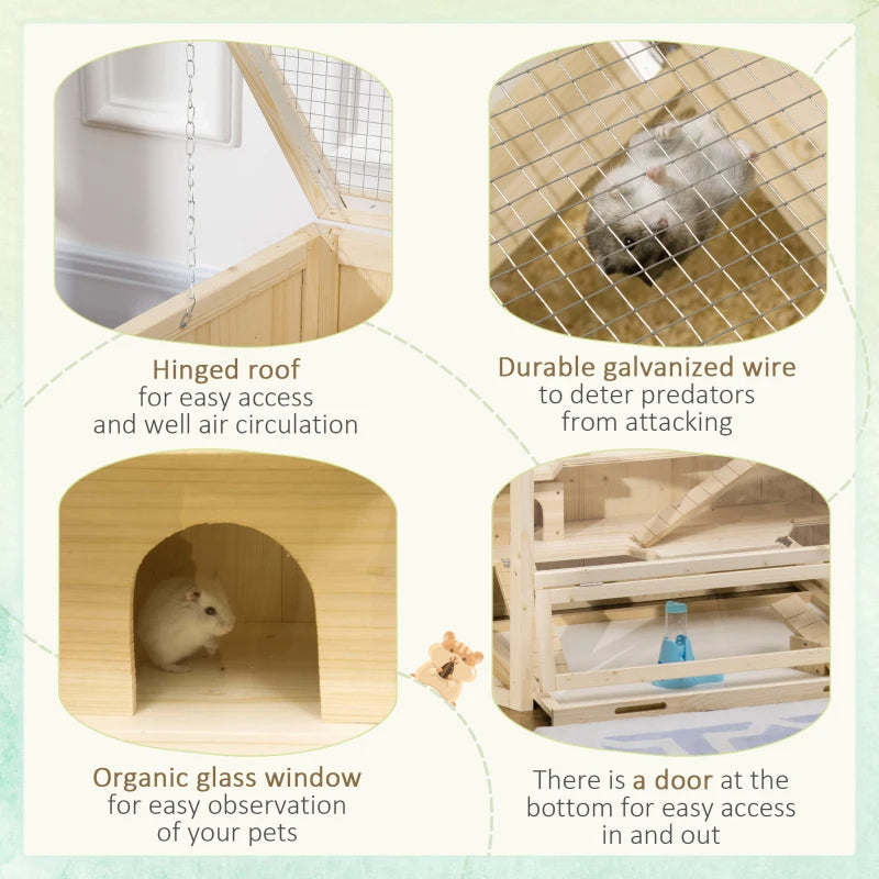 Wooden Large Hamster Cage Small Animal Exercise Play House 3 Tier With Tray, Seesaws, Water Bottle, Activity Center, Natural