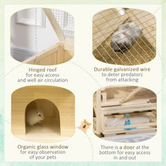 Wooden Large Hamster Cage Small Animal Exercise Play House 3 Tier With Tray, Seesaws, Water Bottle, Activity Center, Natural