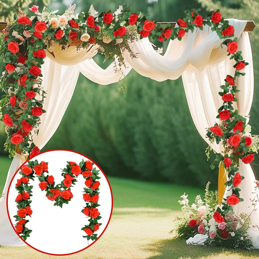 1Pc 16 Heads Artificial Rose Vine Fake Flower Garland Faux Silk Floral Hanging Ivy For Wedding Arch Party Ceremony Background Wall Garden Outdoor Decor 7.5Ft