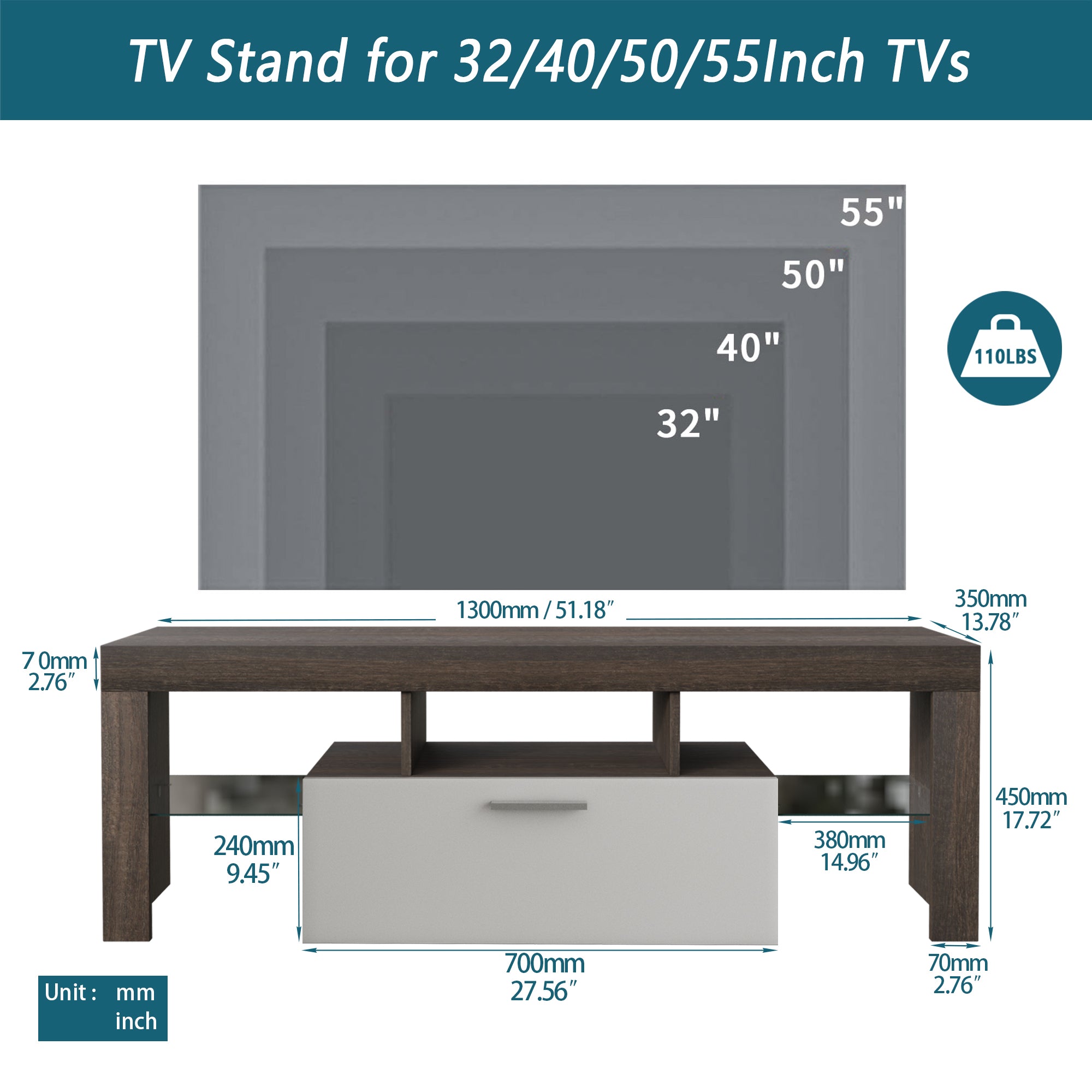 20 Minutes Quick Assembly Brown Simple Modern TV  Stand With The Toughened Glass Shelf Floor Cabinet Floor TV Wall Cabinet Brown  WhiteTV Bracket  With LED Color Changing Lights For Living Room