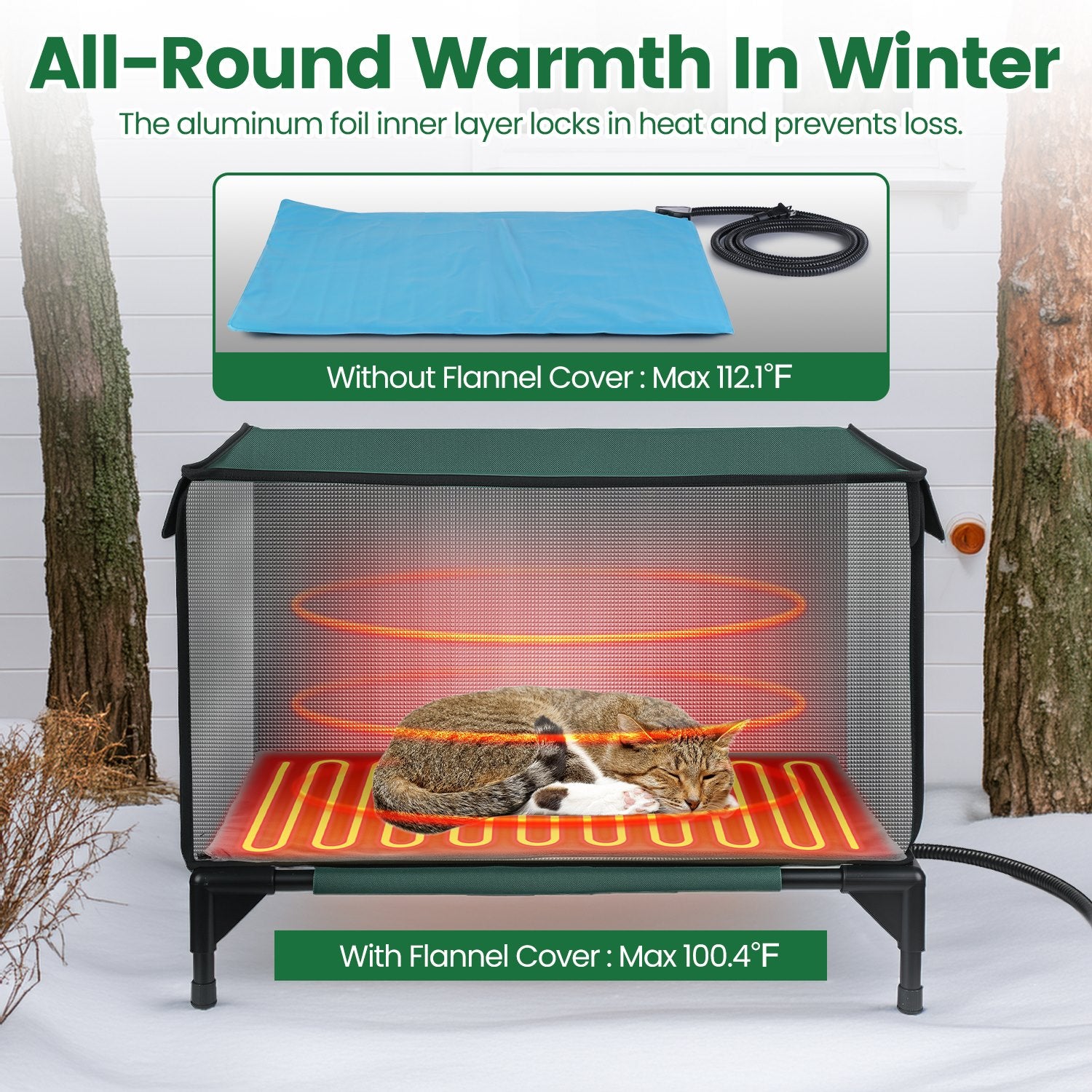 1Pc Waterproof Heated Cat House Outdoor Weatherproof Insulated Kitty Shelter Feral Cat Heating Bed With Heating Pad Anti-Chew Cord 2 Doors 3 Windows For Indoors Outdoors Winter Summer