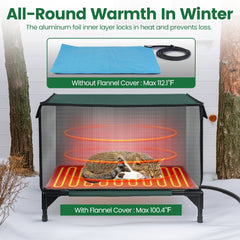 1Pc Waterproof Heated Cat House Outdoor Weatherproof Insulated Kitty Shelter Feral Cat Heating Bed With Heating Pad Anti-Chew Cord 2 Doors 3 Windows For Indoors Outdoors Winter Summer