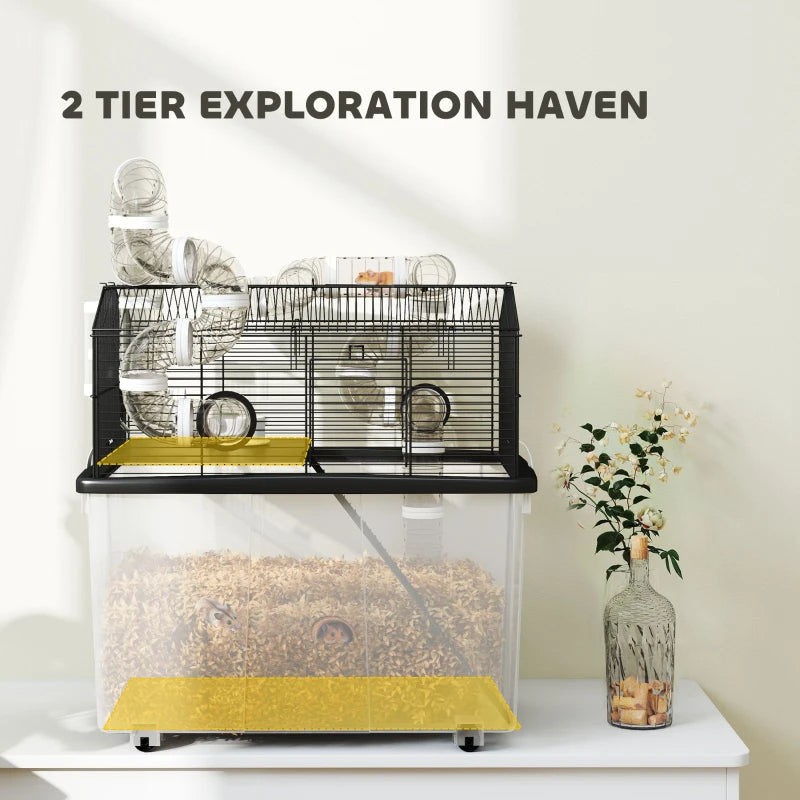 2 Tier Hamster Cage With 12 Deep Tray, Tube System, Water Bottle, Ramp, Feeding Bowl, Black