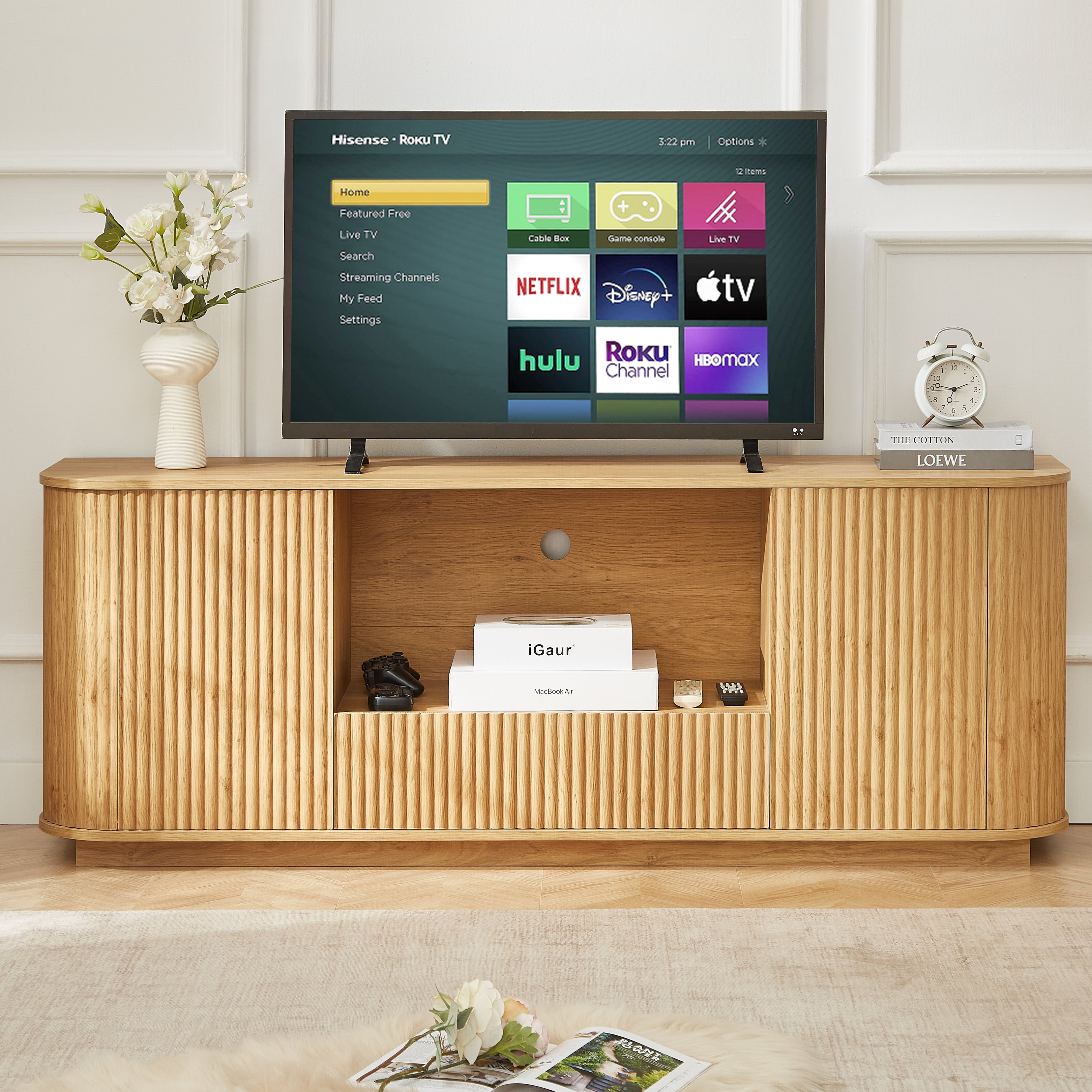 64-Inch Wavy TV Stand, Rounded Sideboard, Storage Cabinet, Wooden Vertical Stripe Cabinet For Living Room Bedroom Entryway  Natural,64W X 15D X 24H.