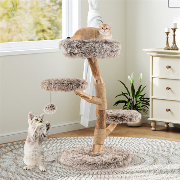 Multi-level Natural Pear Wood Cat Tree, Sisal Scratching Posts, Plush Balls, Long Plush Fabric
