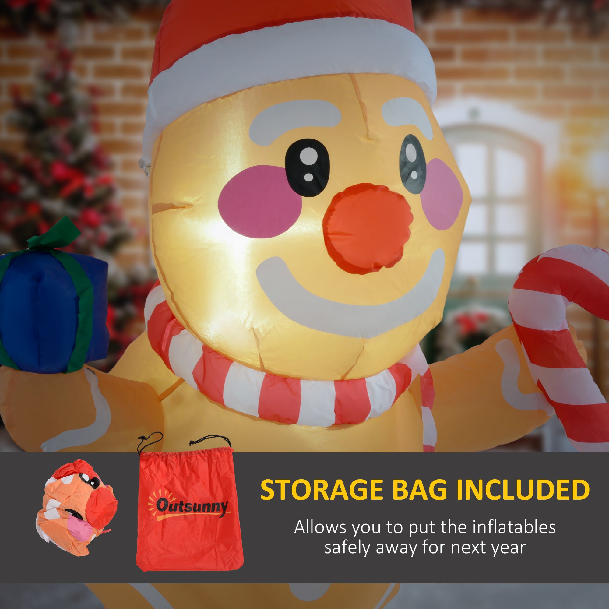 3.4' Inflatable Hanging Gingerbread Man Holding Gift Box & Candy Cane w/ LED Lights, Blow-Up Outdoor Display for Party