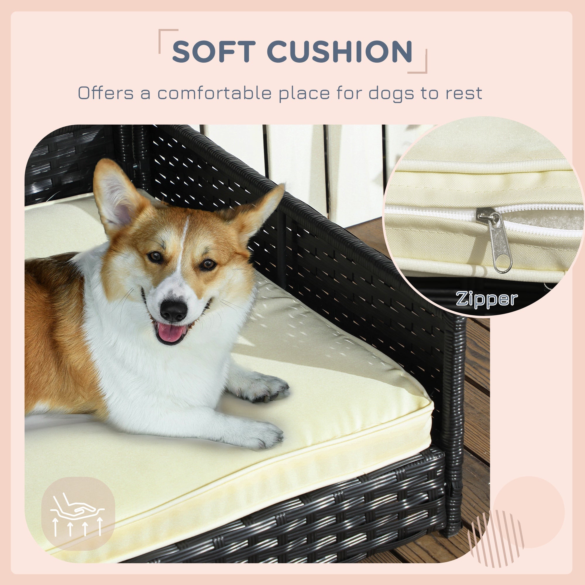 Wicker Dog House with Removable Cushion Lounge, Cream White