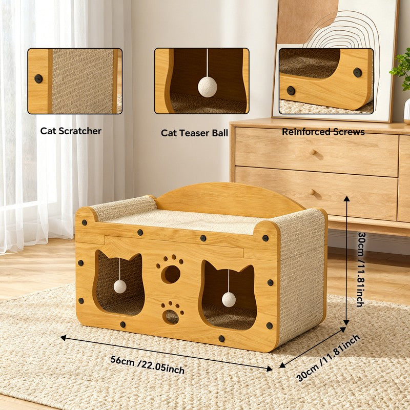 56cm Extra Large Chinese Style Double Door Cat Scratcher Sofa With Cat Head Design, With Free Catnip, For Cats Up To 20lbs