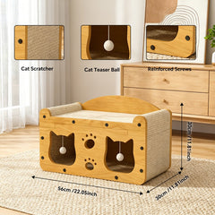 56cm Extra Large Chinese Style Double Door Cat Scratcher Sofa With Cat Head Design, With Free Catnip, For Cats Up To 20lbs