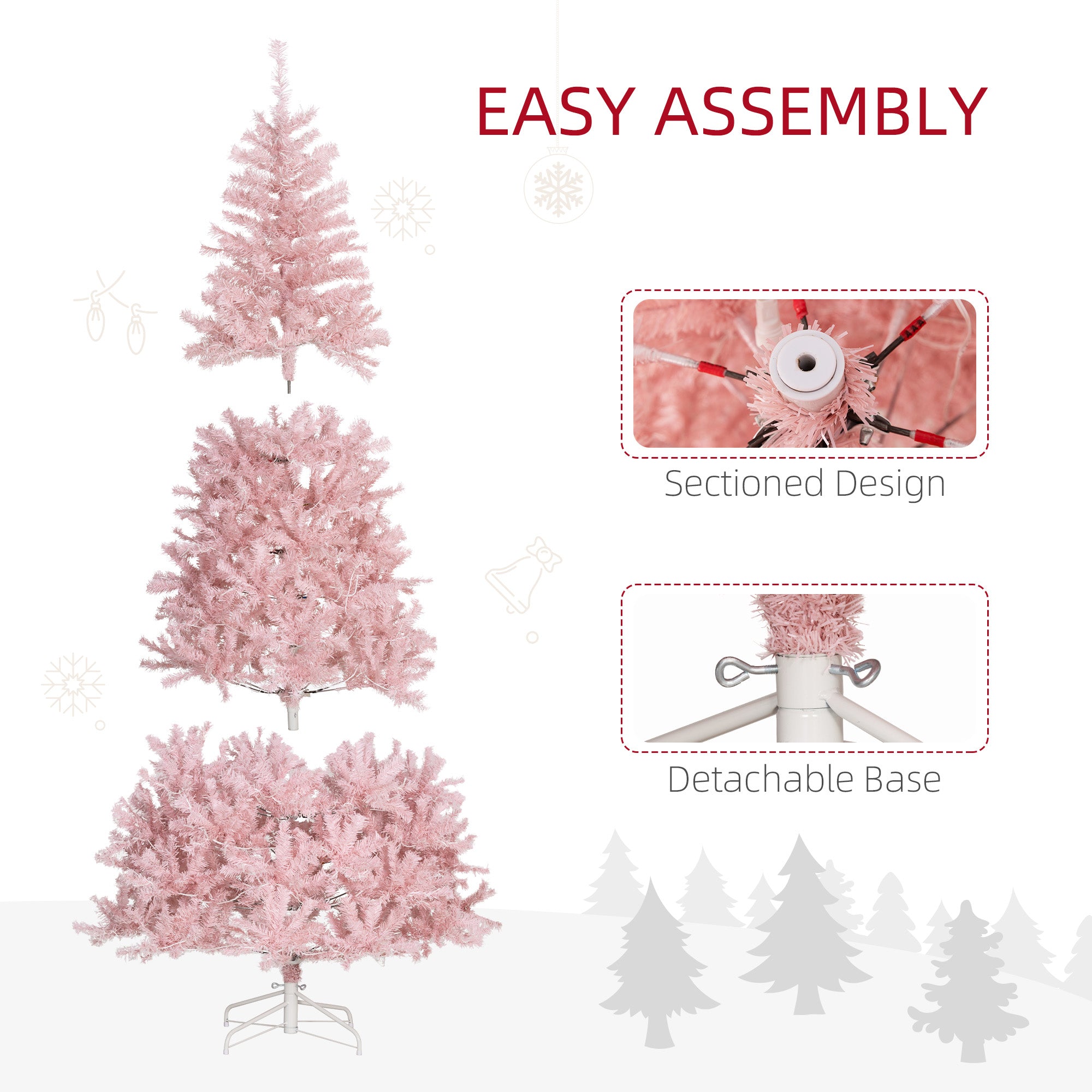 HOMCOM 7.5' Tall Prelit Christmas Tree Douglas Fir Artificial Christmas Tree With Realistic Branches, 500 Warm White LED Lights And 1346 Tips, Pink