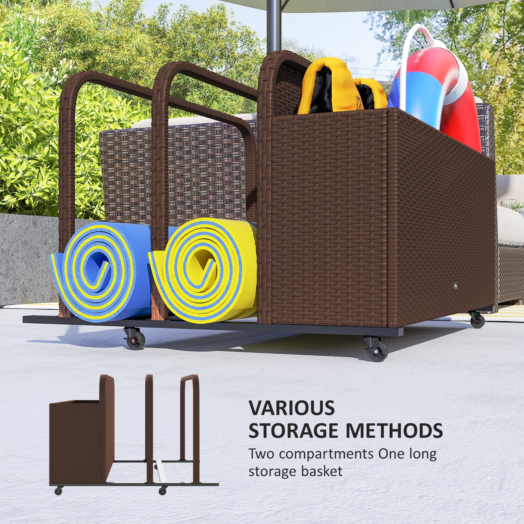 Pool Float Storage, Pool Caddy, With Wheels, 43.25 L X 22.5 W X 28 H, Brown