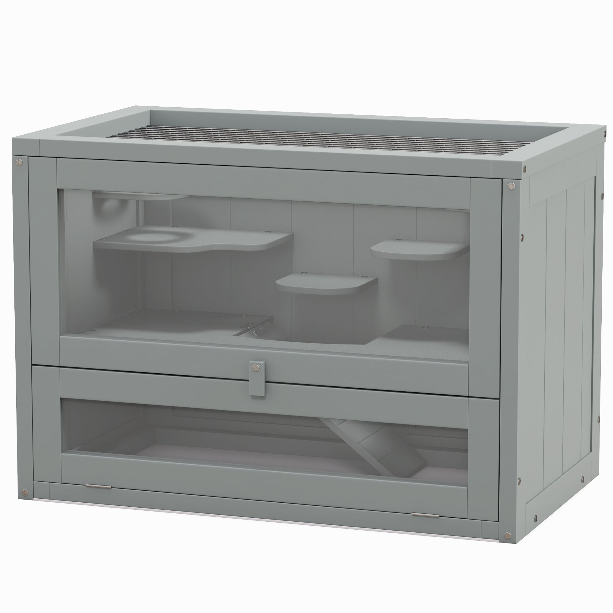 2-Level Hamster Cage with Openable Top, Door, Shelf, Ladder, Gray