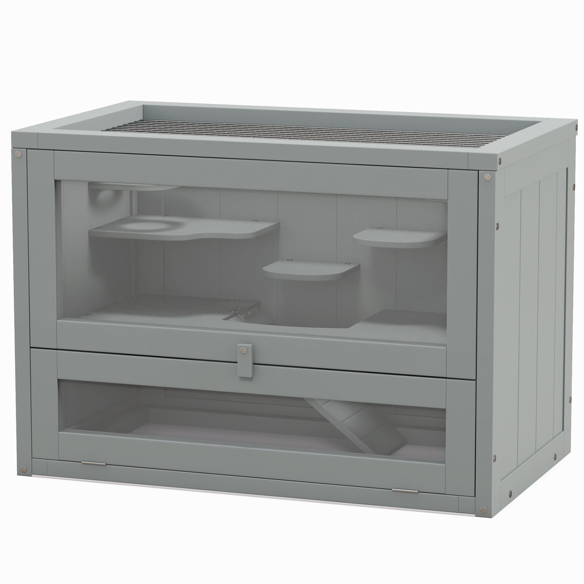 2-Level Hamster Cage with Openable Top, Door, Shelf, Ladder, Gray