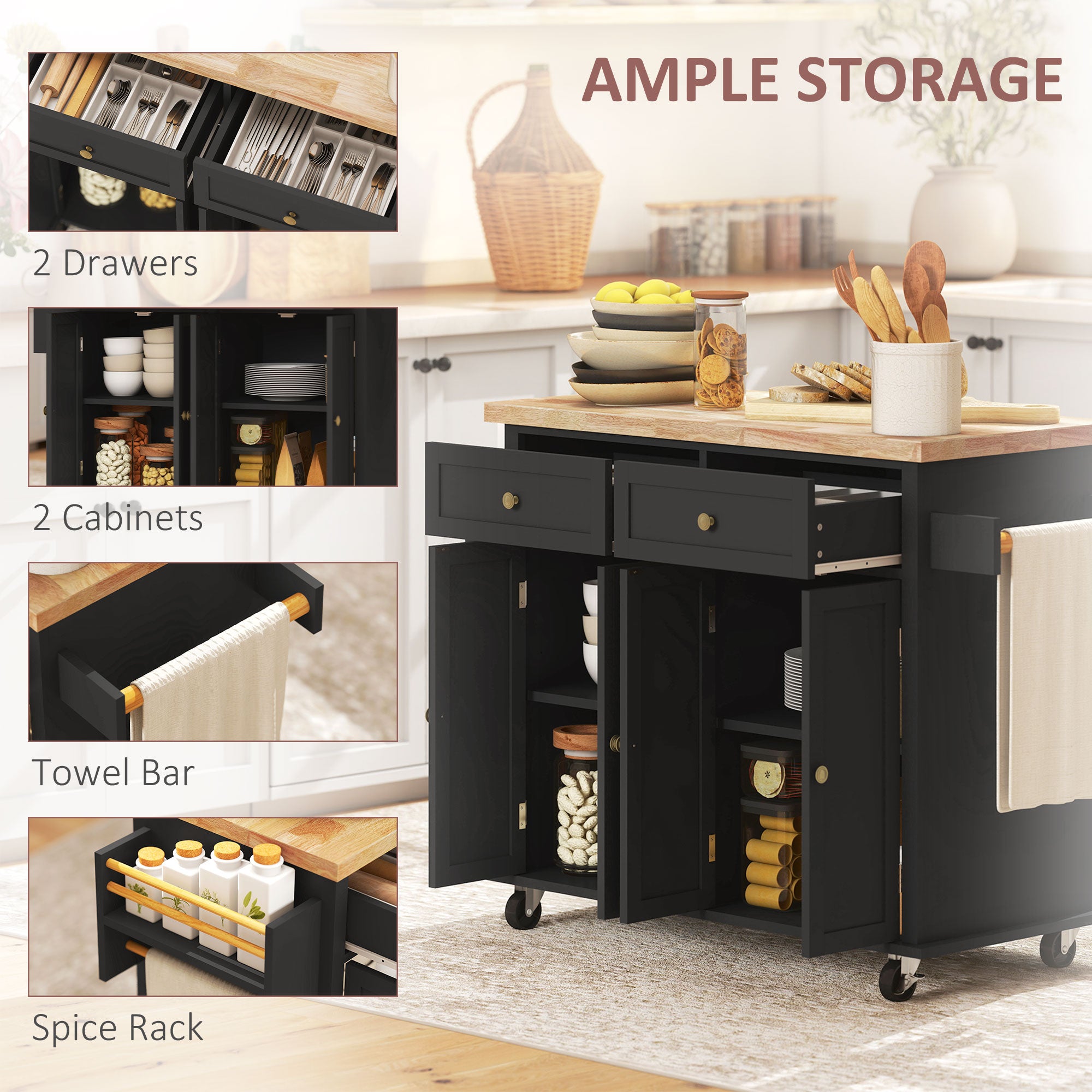Kitchen Island Cart with Rubber Wood Top, Rolling Kitchen Island Table on Wheels with Drawers, Adjustable Shelves, Spice Rack and Towel Rack for Dining Room, Black