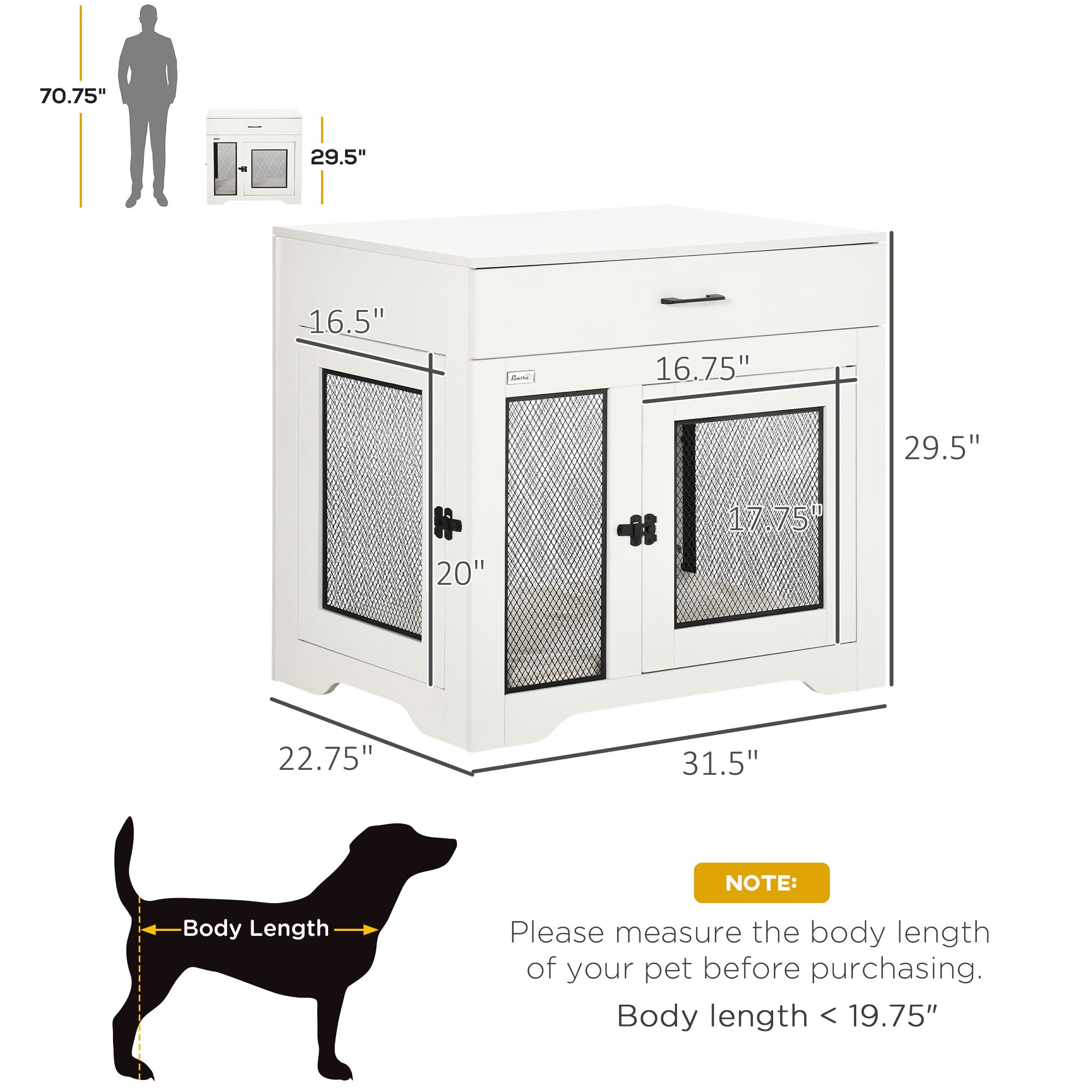 Dog Crate Furniture with Soft Water-Resistant Cushion, Dog Kennel End Table with Drawer, Puppy Crate for Small Dogs Indoor with 2 Doors, White