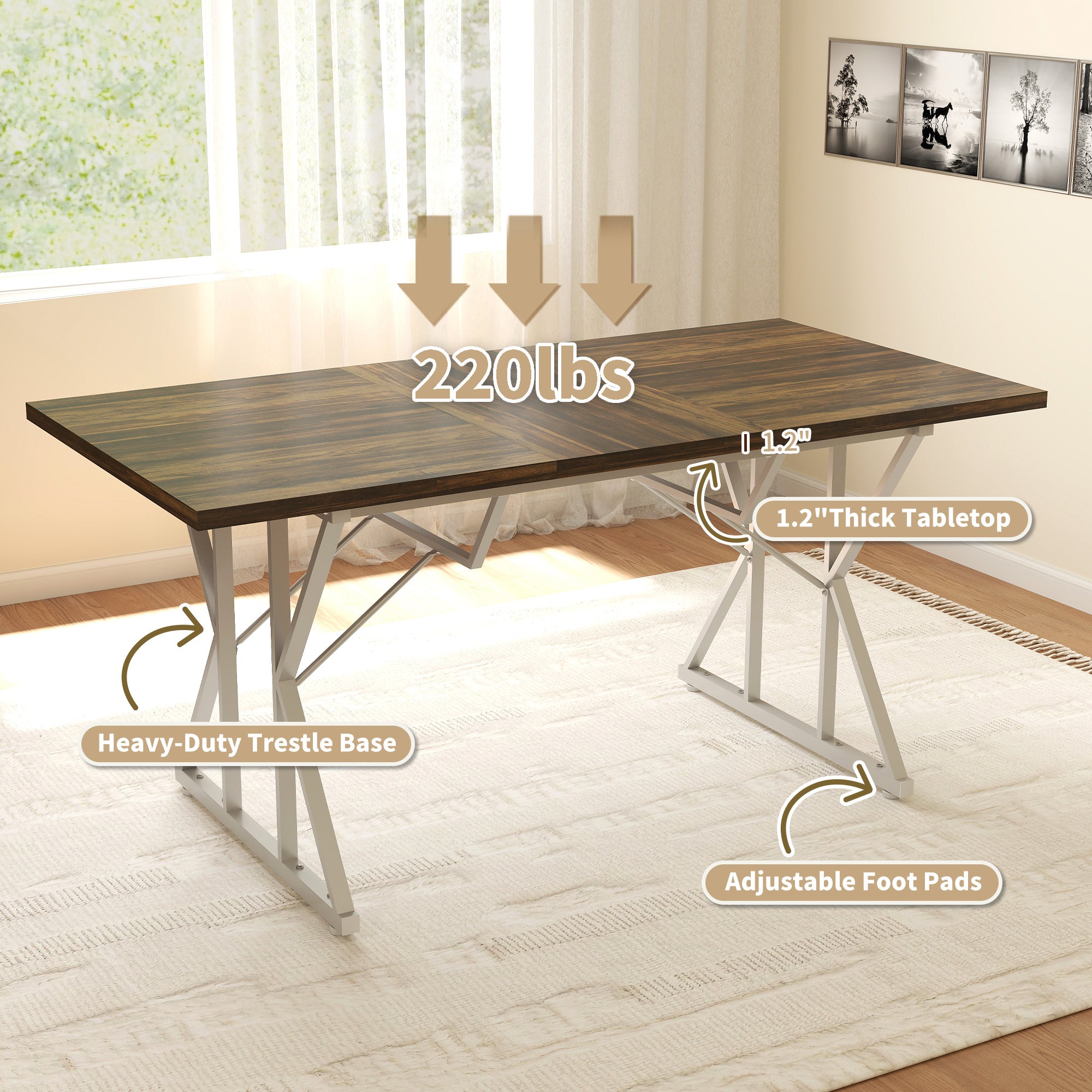 47"-63" Extendable Dining Table for 4-6, Farmhouse Expandable Kitchen Table with Heavy Duty Trestle Base, Brown