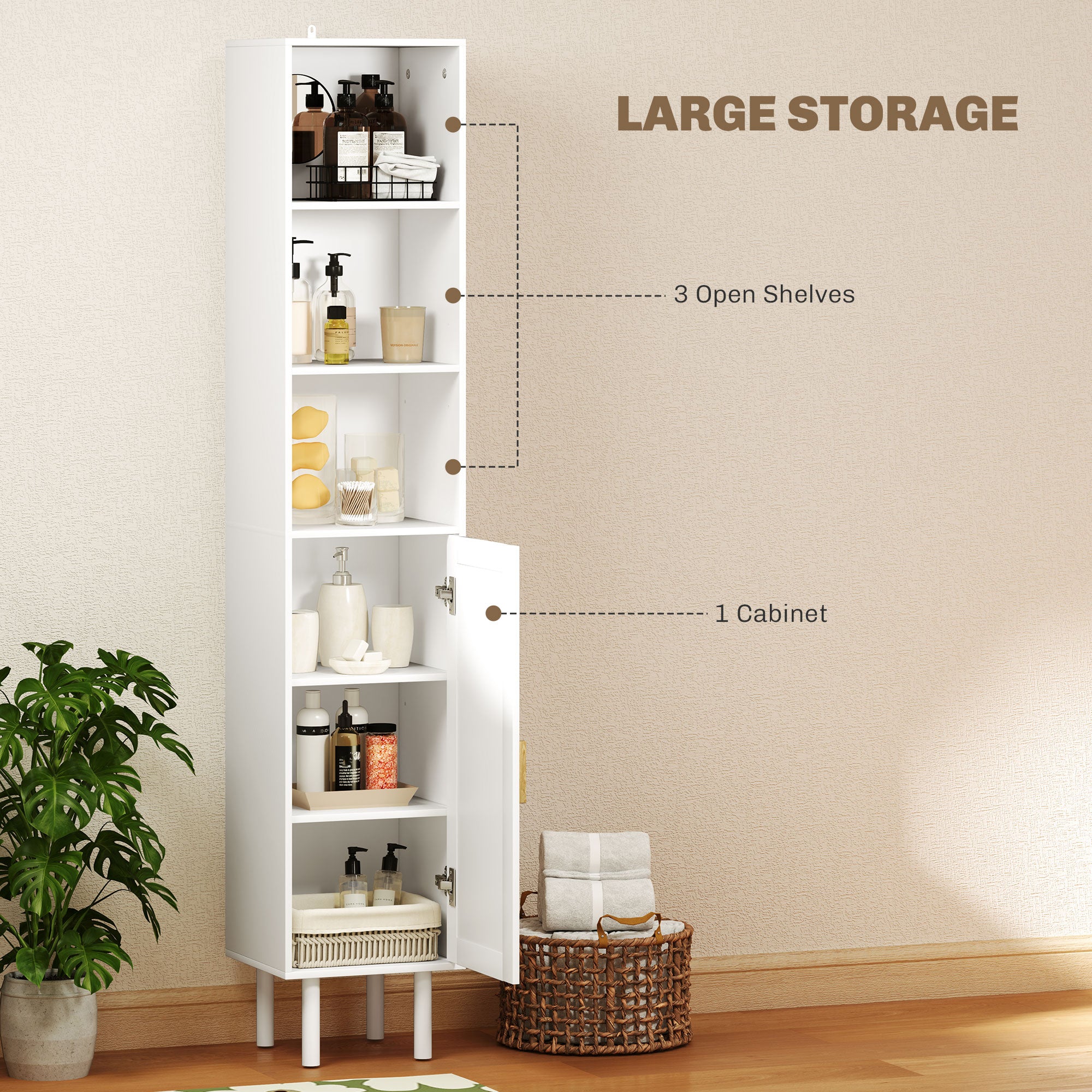Tall Bathroom Cabinet with Rattan Doors, Freestanding Bathroom Storage Cabinet with Adjustable Shelves, White